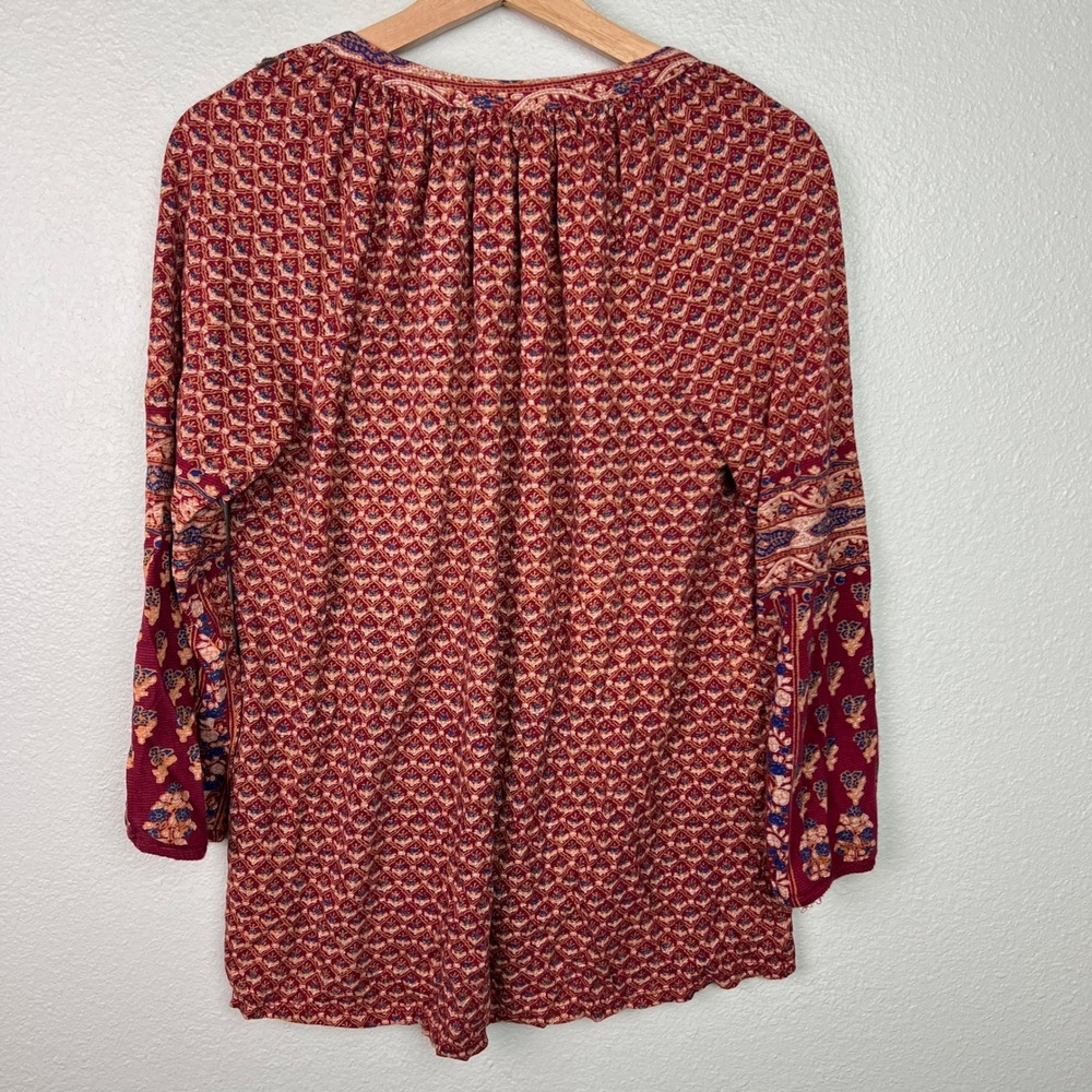 Lucky Brand Womens Burgundy Red Embroidered V-Neck Peasant Top Long Sleeve Small - Picture 7 of 8